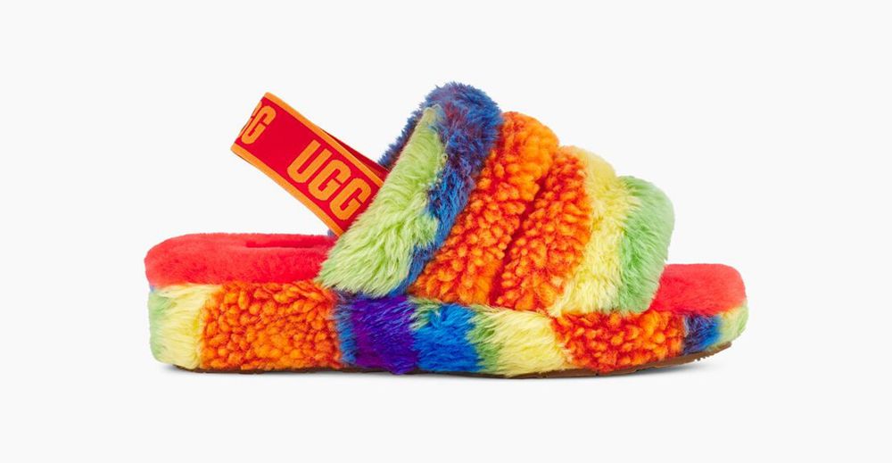 Ugg Slide Mens - Ugg Fluff Yeah Cali Collage Rainbow Stripes - 081BSTKAJ